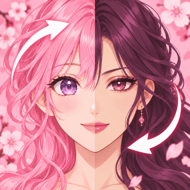 Swapeno icon: two anime identities with pink and plum hair joined at the center, with exchange arrows